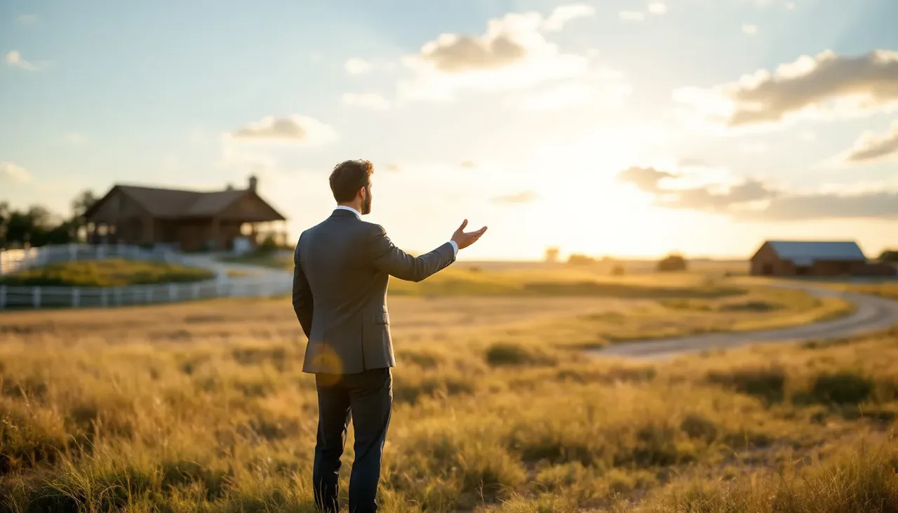A rural real estate agent discussing options with a client in a Texas landscape.